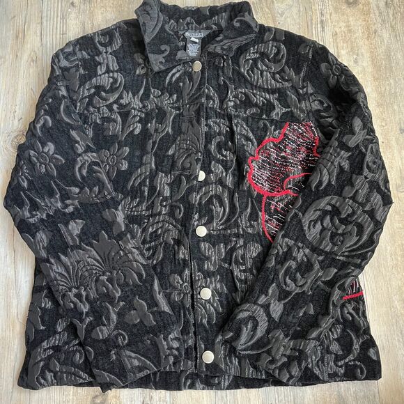 Multiples Jacquard Jacket Women's M Black Red Beaded Embroidered Goth Vintage - Picture 1 of 16